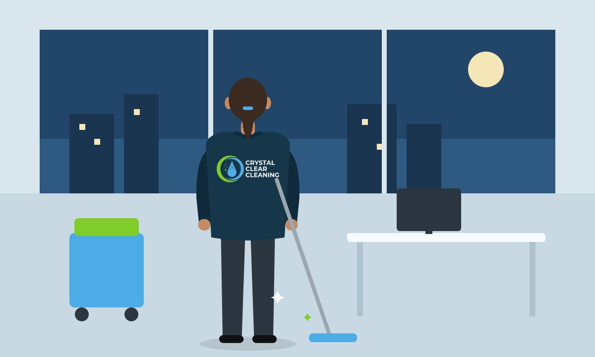 Medewerker van Crystal Clear Cleaning maakt ’s avonds een kantoor schoon
