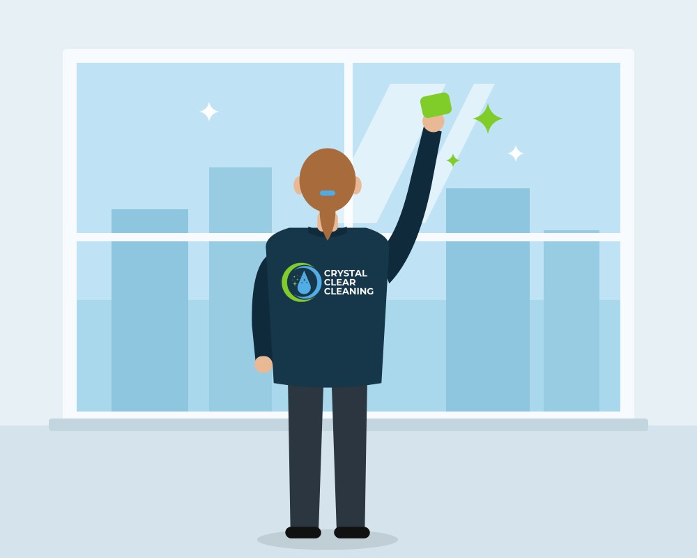 Medewerker van Crystal Clear Cleaning lapt een groot kantoorraam