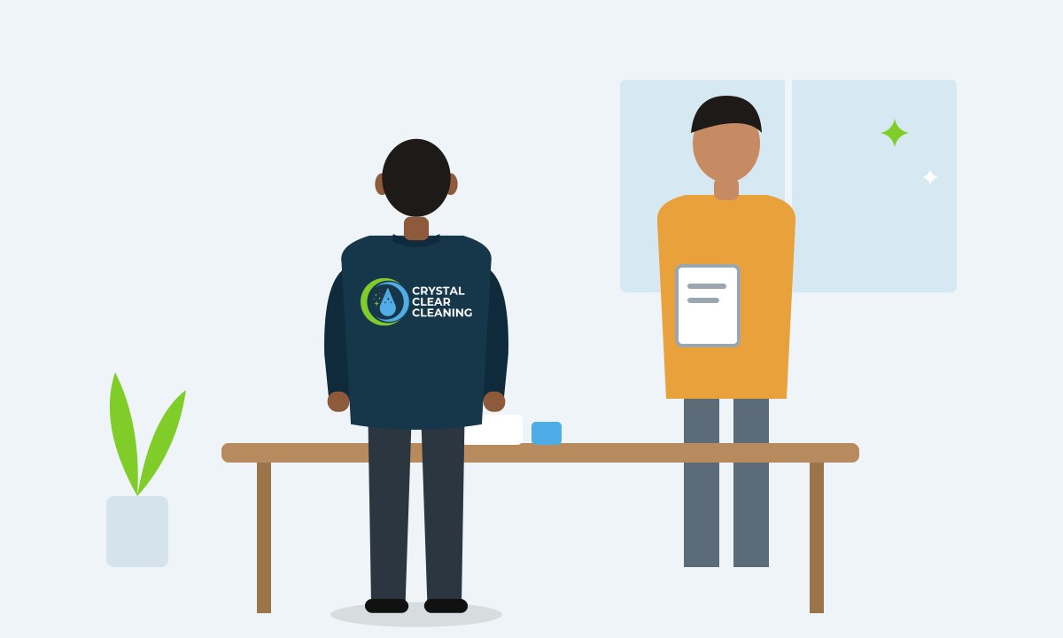 Medewerker van Crystal Clear Cleaning in gesprek met een klant